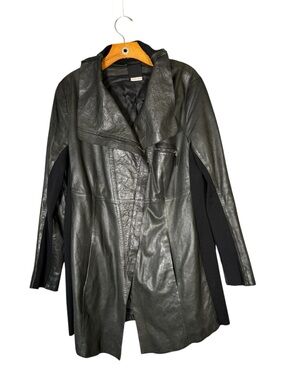 Annette Gortz Black Leather Wool Coat Edgy Mixed Media Corporate Goth 44